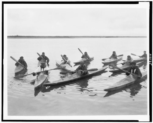 Inuit hunters in skin on frame kayaks