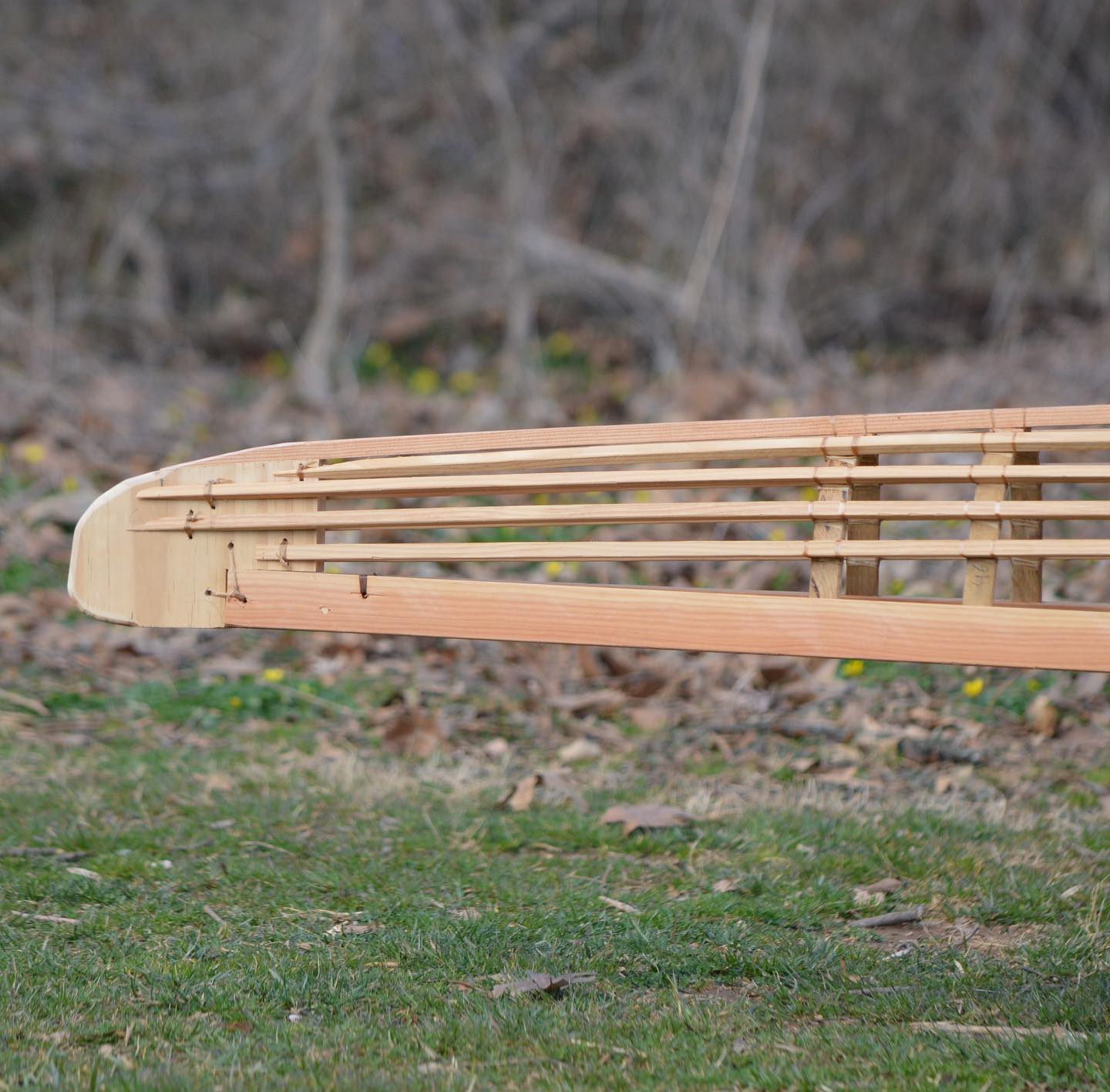 bow detail of a skin on frame rowing shell